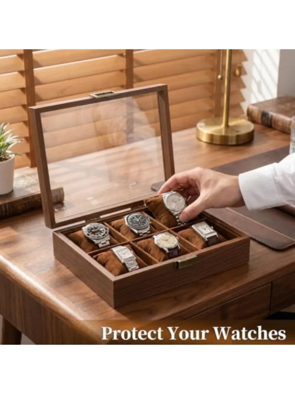 Stylish 6-Slot Wooden Watch Box with Glass Lid - Perfect Gift for Watch Lovers